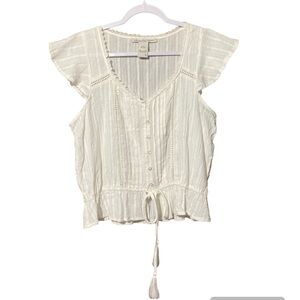 American Rag Cropped Lace Boho Peasant Style Semi Sheer Blouse Juniors Size L